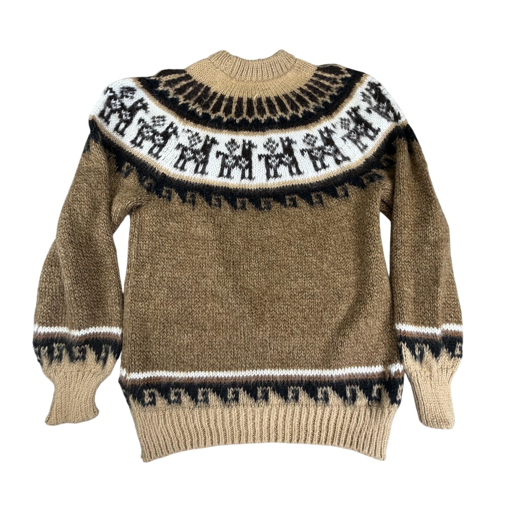 Sweater Unisex Kids 14-16 Brown Fair Isle Llama Knit Crew Neck Pullover Winter